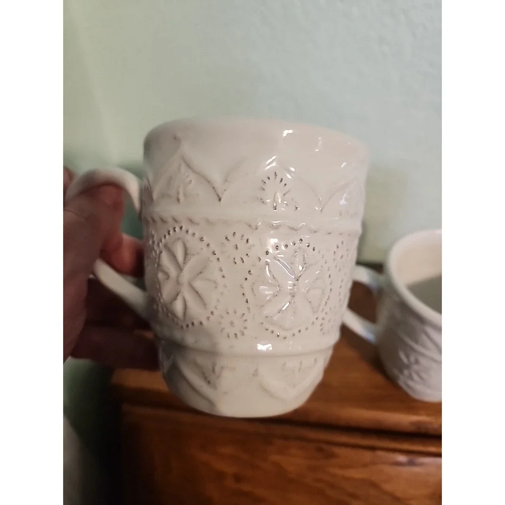 (2) Pier 1 Stoneware Coffee Mugs Hand Painted Chateau Clair Ivory-White Embossed